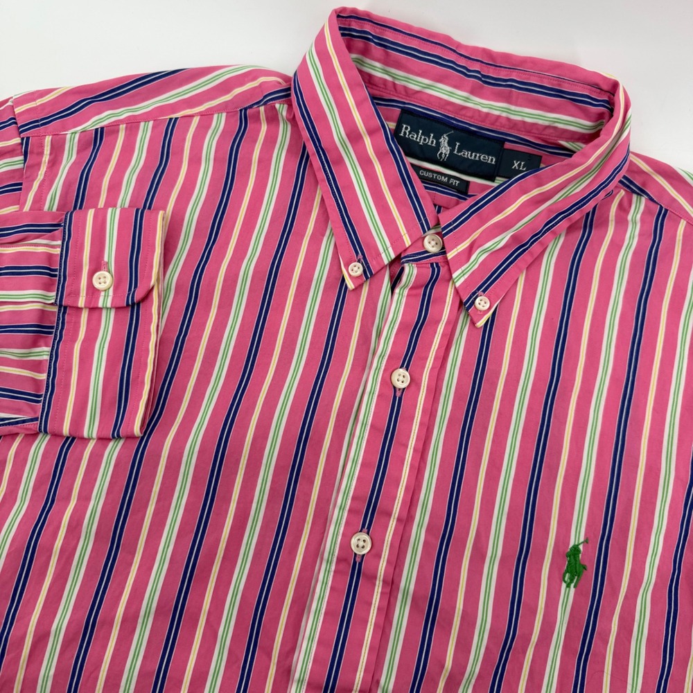 Ralph Lauren Button Down Shirt Mens XL Pink Blue Green Striped Custom Fit Cotton